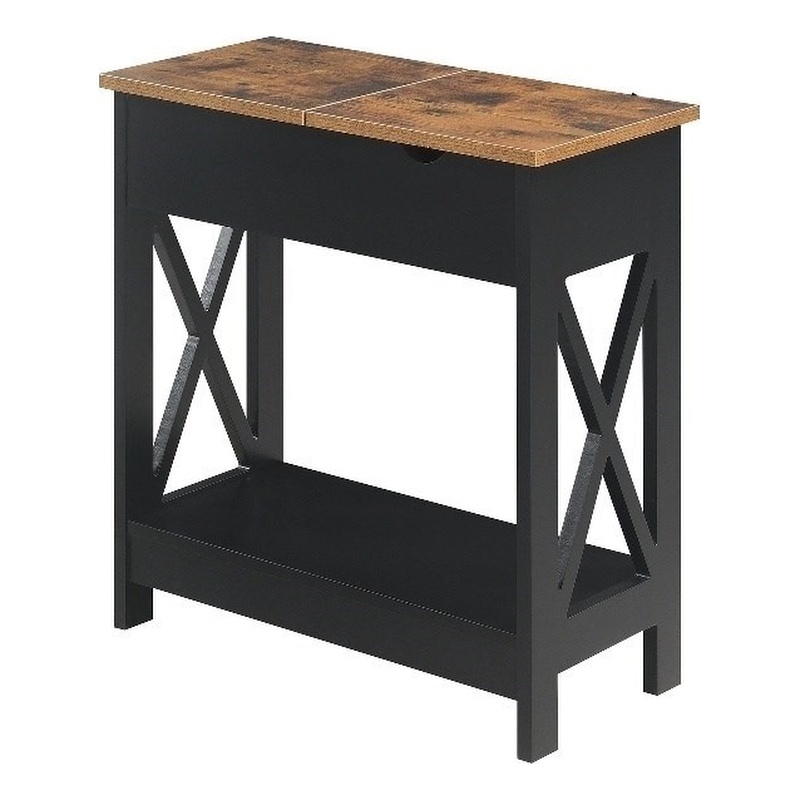 Pemberly Row Flip-Top End Table w/ Charging Station & Shelf in Black Wood Finish