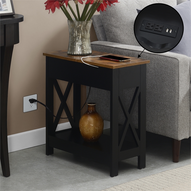 Pemberly Row Flip-Top End Table w/ Charging Station & Shelf in Black Wood Finish