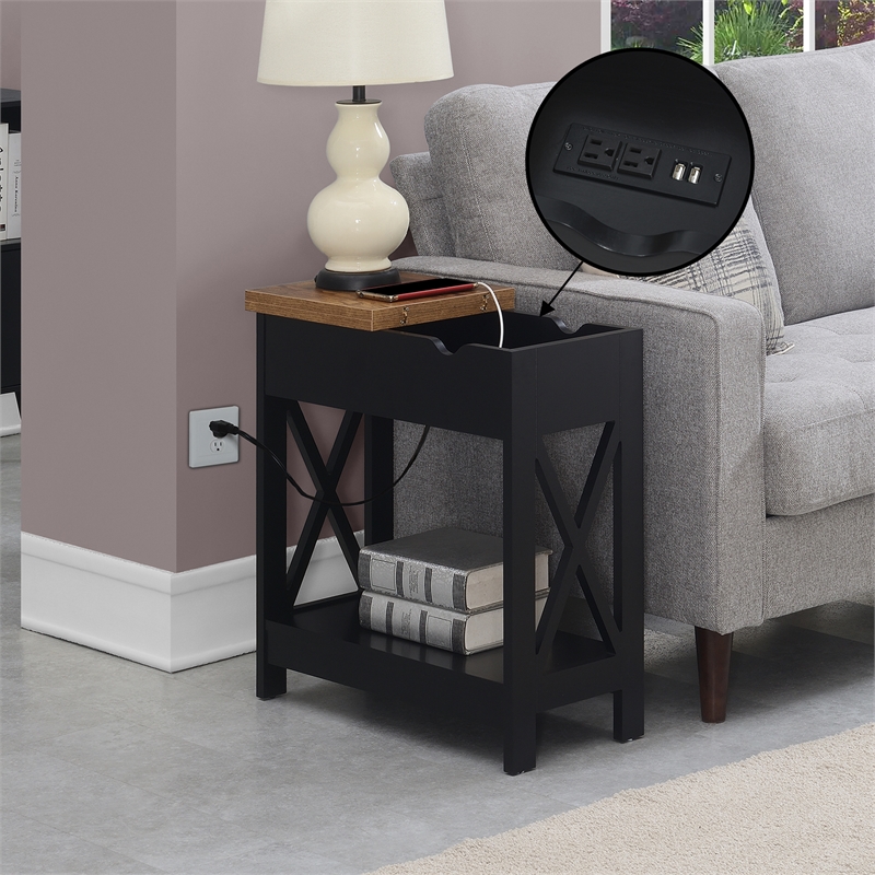 Pemberly Row Flip-Top End Table w/ Charging Station & Shelf in Black Wood Finish