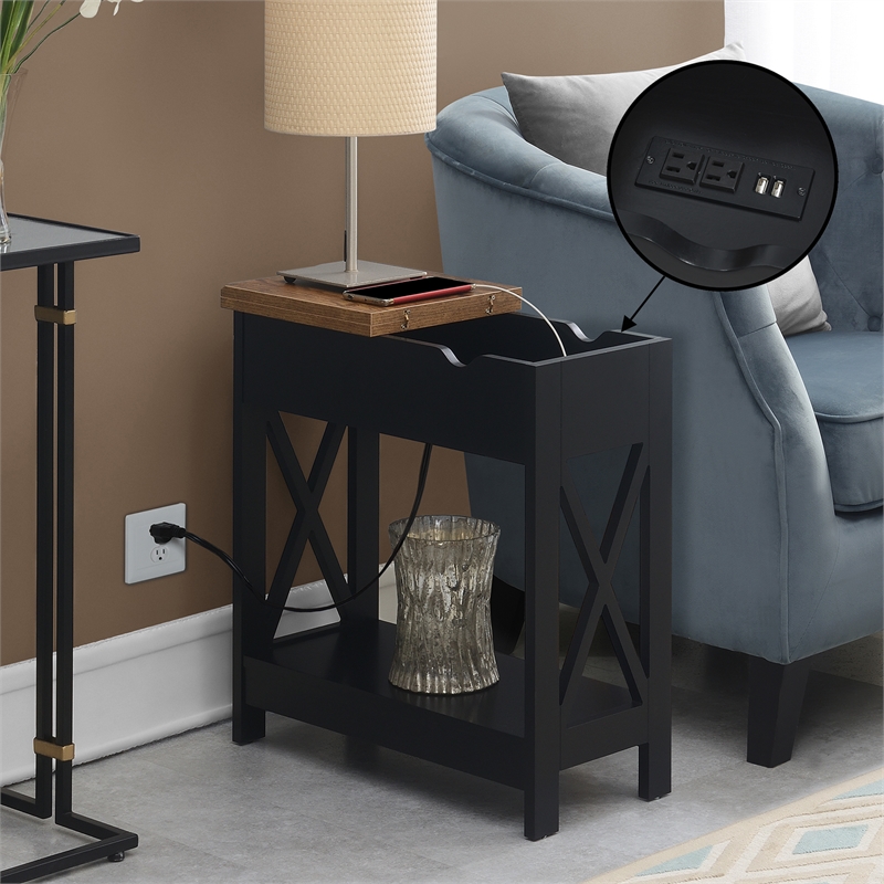 Pemberly Row Flip-Top End Table w/ Charging Station & Shelf in Black Wood Finish