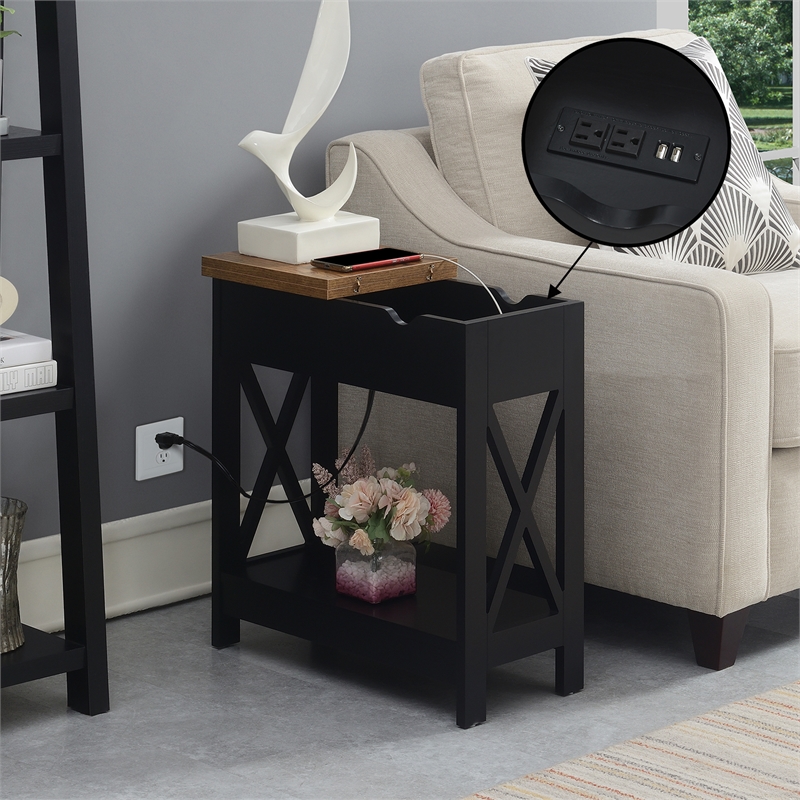 Pemberly Row Flip-Top End Table w/ Charging Station & Shelf in Black Wood Finish