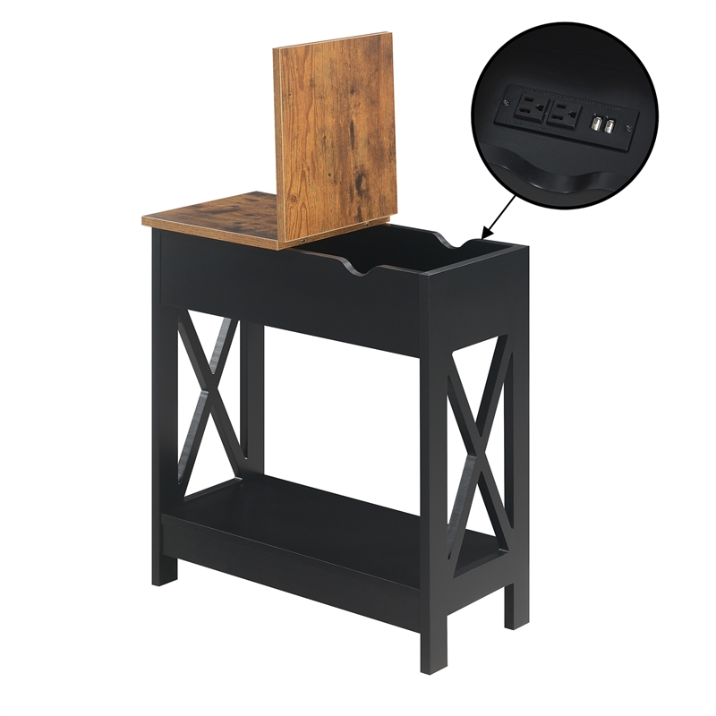 Pemberly Row Flip-Top End Table w/ Charging Station & Shelf in Black Wood Finish