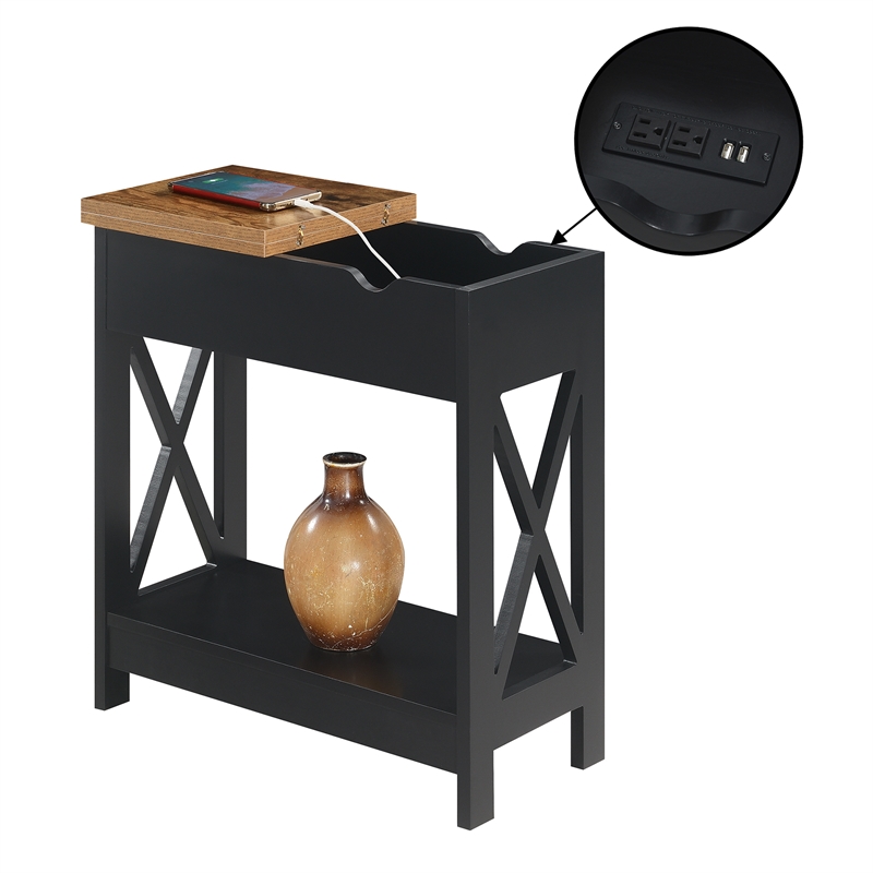 Pemberly Row Flip-Top End Table w/ Charging Station & Shelf in Black Wood Finish