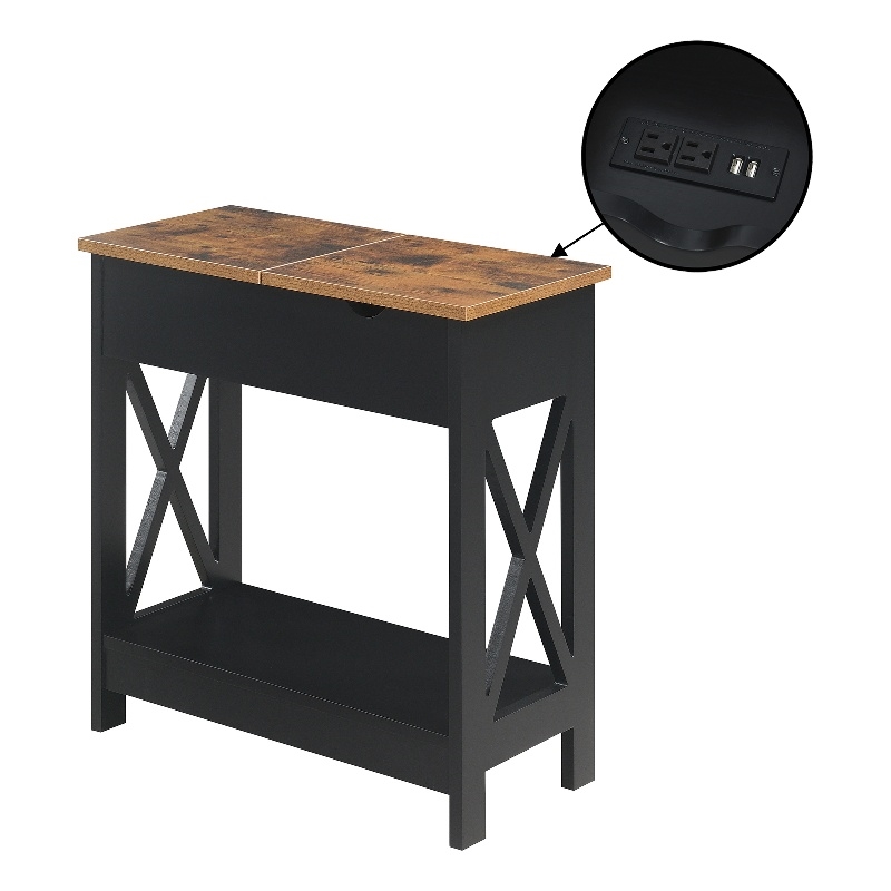 Pemberly Row Flip-Top End Table w/ Charging Station & Shelf in Black Wood Finish