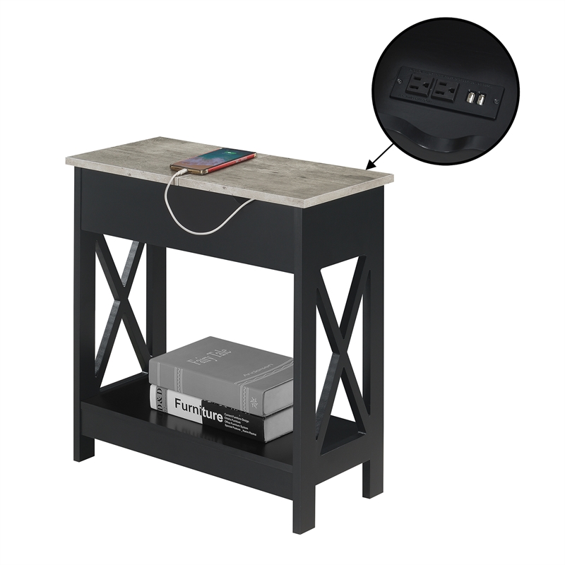 Pemberly Row Flip-Top End Table w/ Charging Station & Shelf in Black Wood Finish