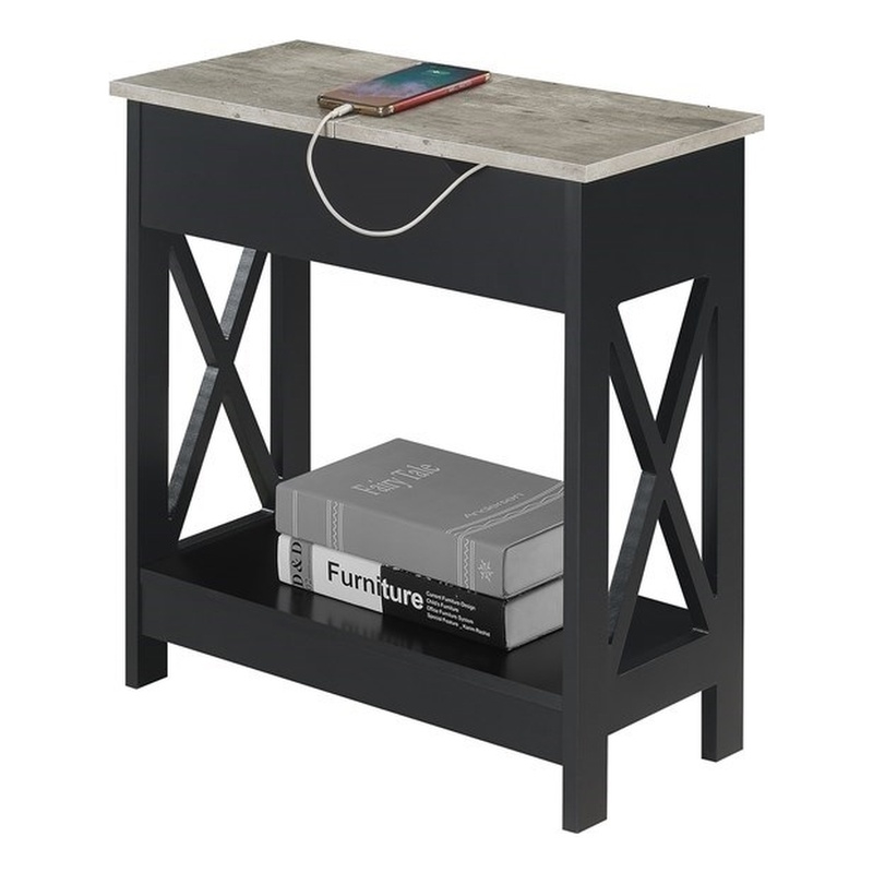 Pemberly Row Flip-Top End Table w/ Charging Station & Shelf in Black Wood Finish