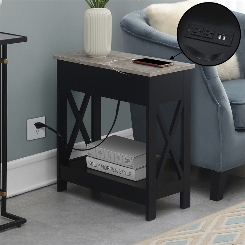 Pemberly Row Flip-Top End Table w/ Charging Station & Shelf in Black Wood Finish