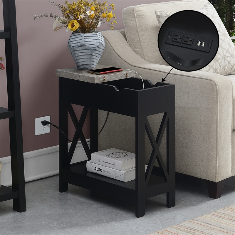 Pemberly Row Flip-Top End Table w/ Charging Station & Shelf in Black Wood Finish