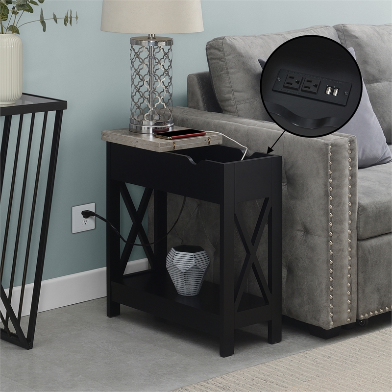 Pemberly Row Flip-Top End Table w/ Charging Station & Shelf in Black Wood Finish