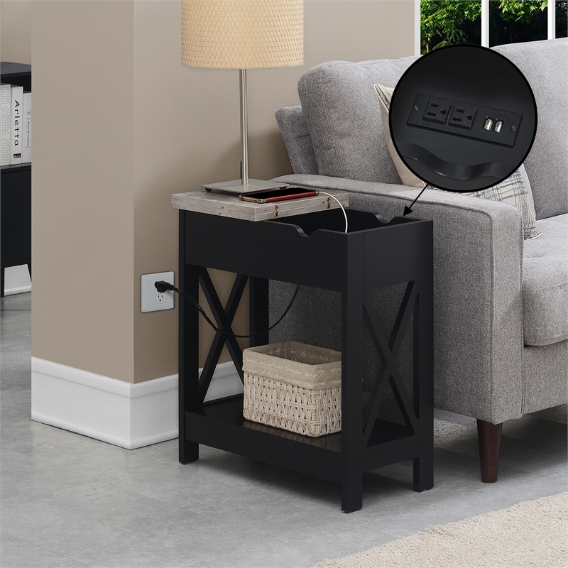 Pemberly Row Flip-Top End Table w/ Charging Station & Shelf in Black Wood Finish