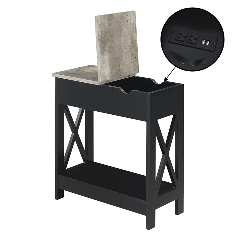 Pemberly Row Flip-Top End Table w/ Charging Station & Shelf in Black Wood Finish
