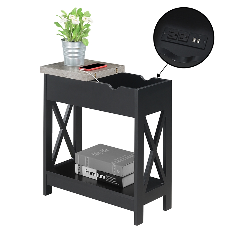 Pemberly Row Flip-Top End Table w/ Charging Station & Shelf in Black Wood Finish