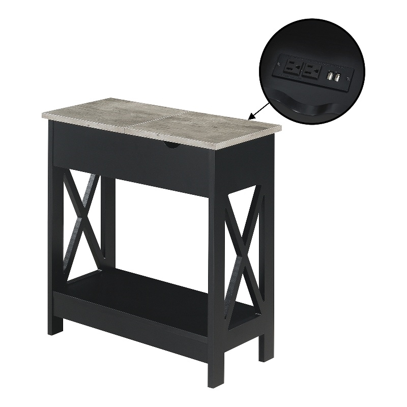 Pemberly Row Flip-Top End Table w/ Charging Station & Shelf in Black Wood Finish