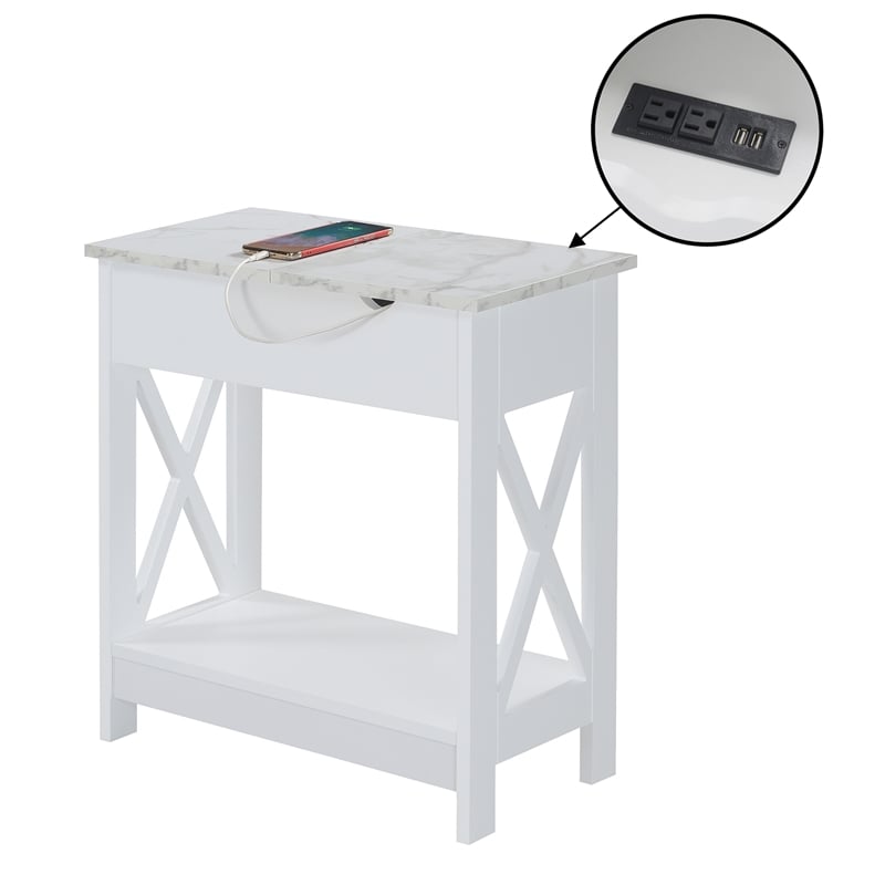 Pemberly Row Flip Top End Table w/ Charging Station & Shelf in White Wood Finish