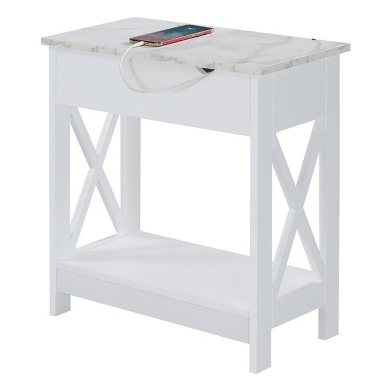 Pemberly Row Flip Top End Table w/ Charging Station & Shelf in White Wood Finish