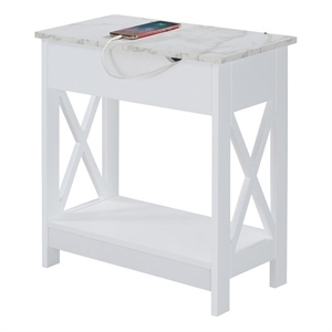 Pemberly Row Flip Top End Table w/ Charging Station & Shelf in White Wood Finish