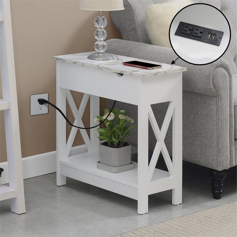 Pemberly Row Flip Top End Table w/ Charging Station & Shelf in White Wood Finish