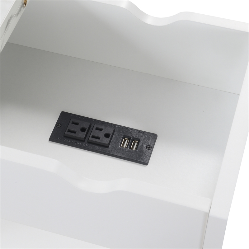 Pemberly Row Flip Top End Table w/ Charging Station & Shelf in White Wood Finish