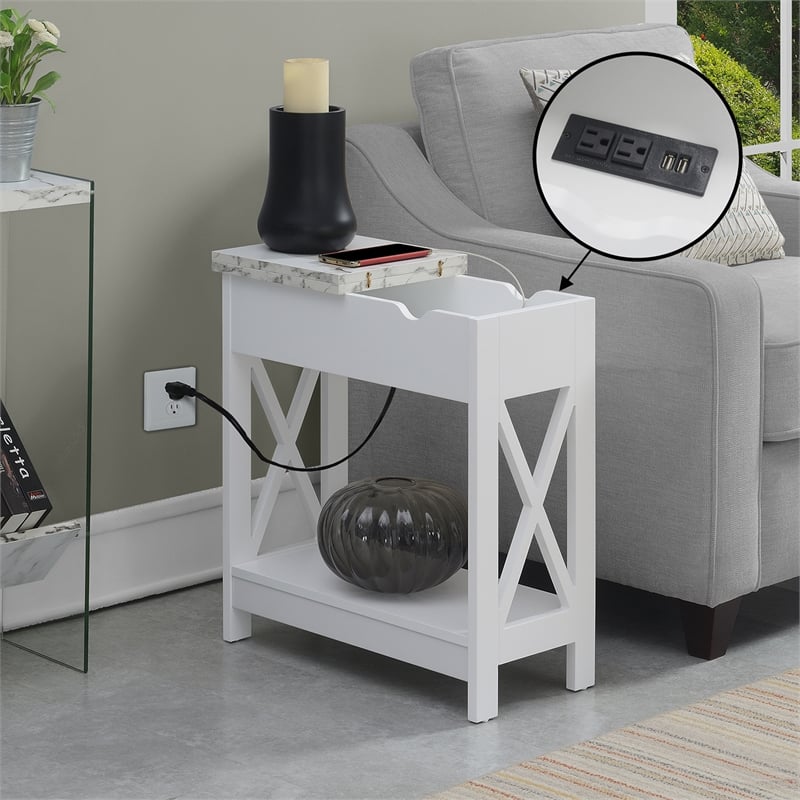 Pemberly Row Flip Top End Table w/ Charging Station & Shelf in White Wood Finish