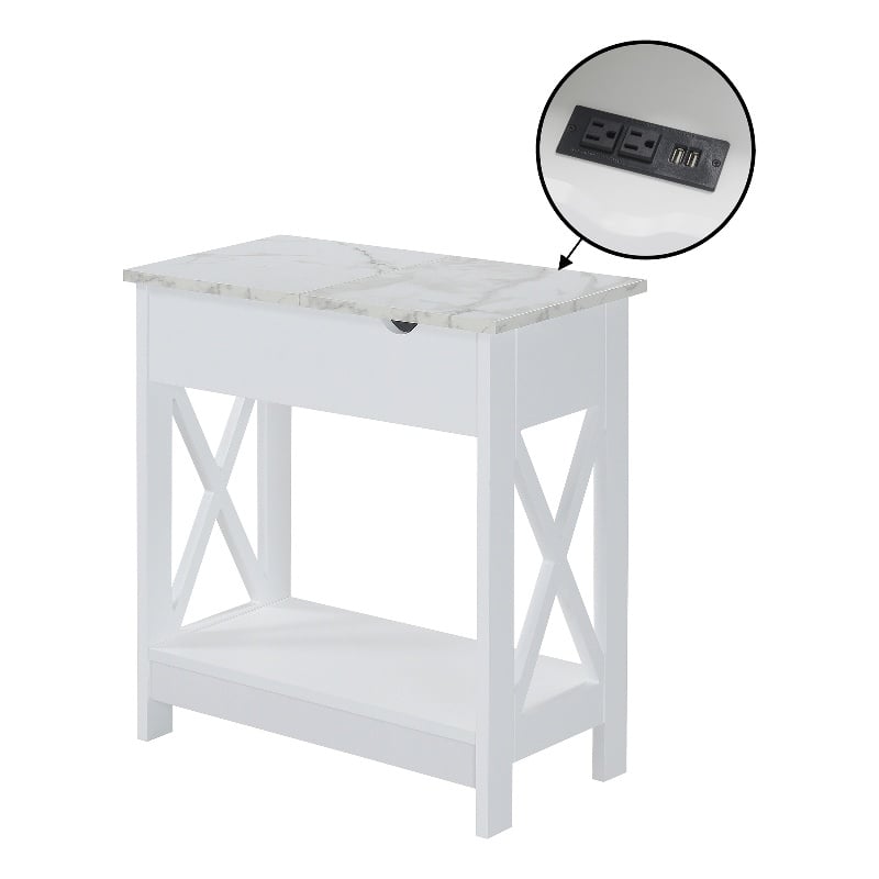 Pemberly Row Flip Top End Table w/ Charging Station & Shelf in White Wood Finish