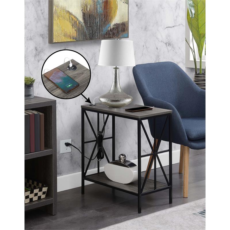 Pemberly Row Chairside End Table w/Charging Station and Shelf in Gray Wood