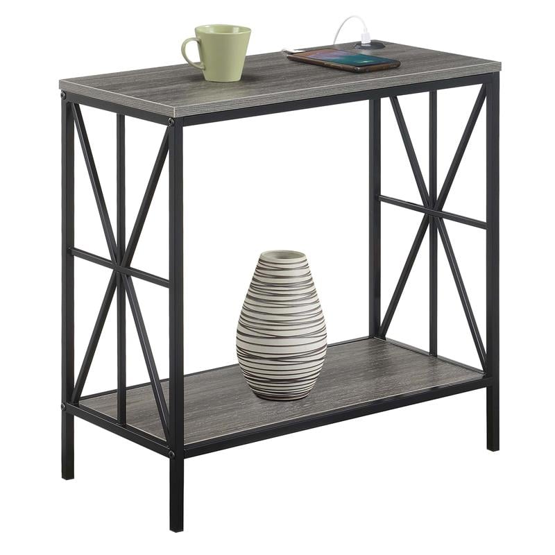Pemberly Row Chairside End Table w/Charging Station and Shelf in Gray Wood