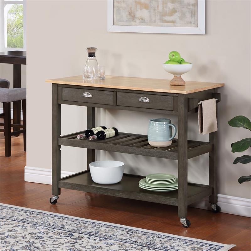Pemberly Row Three-Tier Butcher Block Kitchen Cart w/ Drawers in Gray Wood