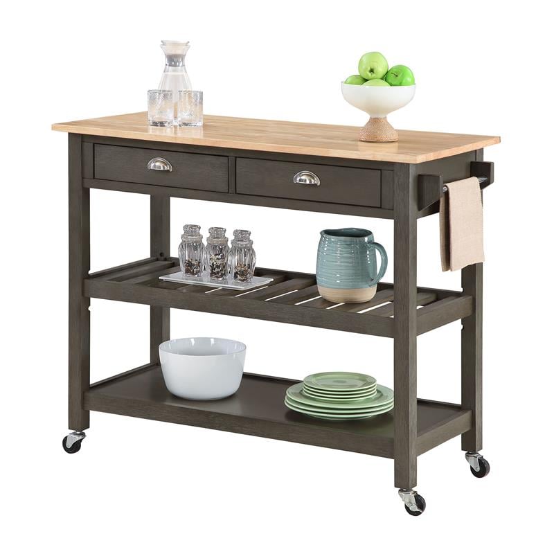 Pemberly Row Three-Tier Butcher Block Kitchen Cart w/ Drawers in Gray Wood
