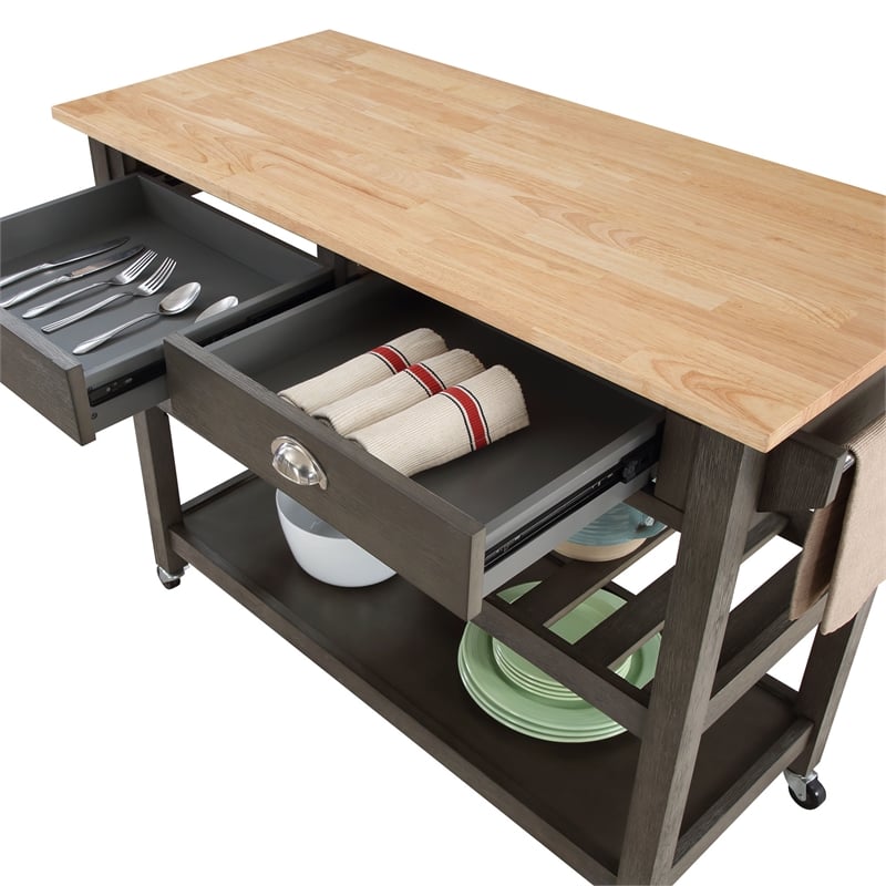 Pemberly Row Three-Tier Butcher Block Kitchen Cart w/ Drawers in Gray Wood