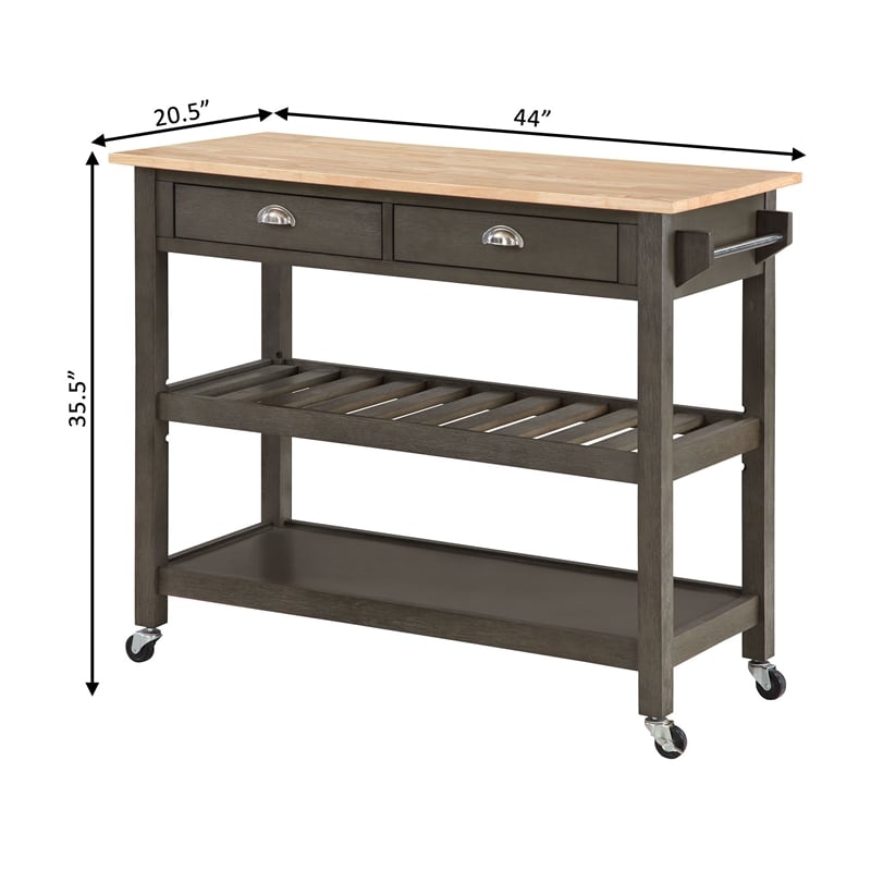 Pemberly Row Three-Tier Butcher Block Kitchen Cart w/ Drawers in Gray Wood