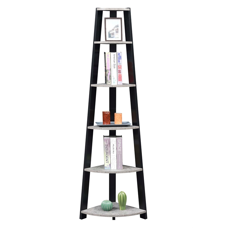 Pemberly Row Five-Tier Corner Bookcase in Faux Cement and Black Wood Finish