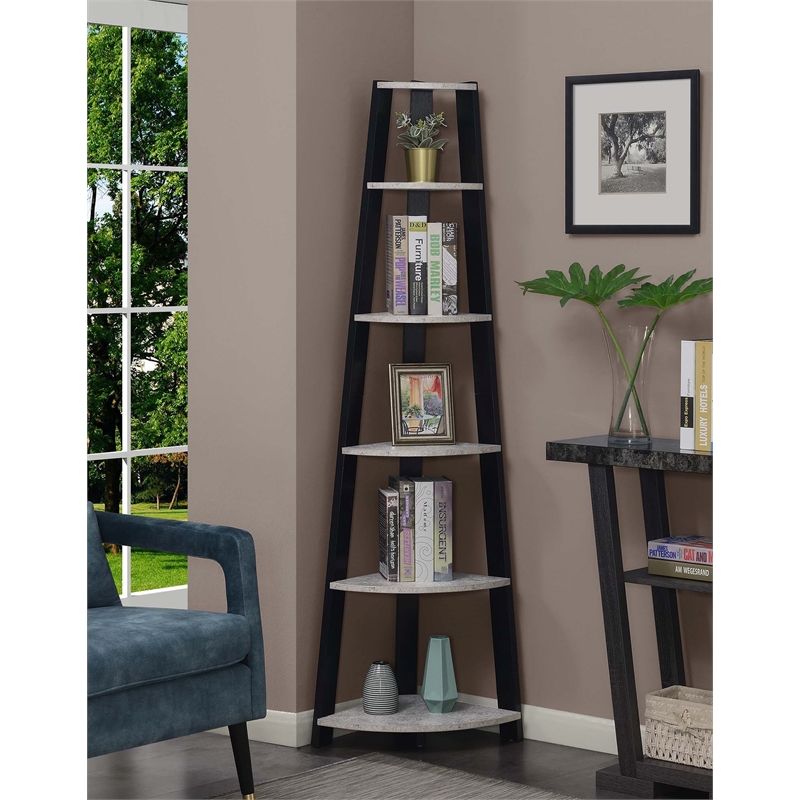 Pemberly Row Five-Tier Corner Bookcase in Faux Cement and Black Wood Finish