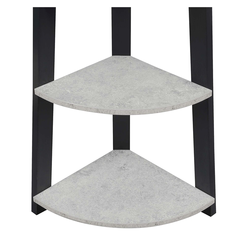 Pemberly Row Five-Tier Corner Bookcase in Faux Cement and Black Wood Finish