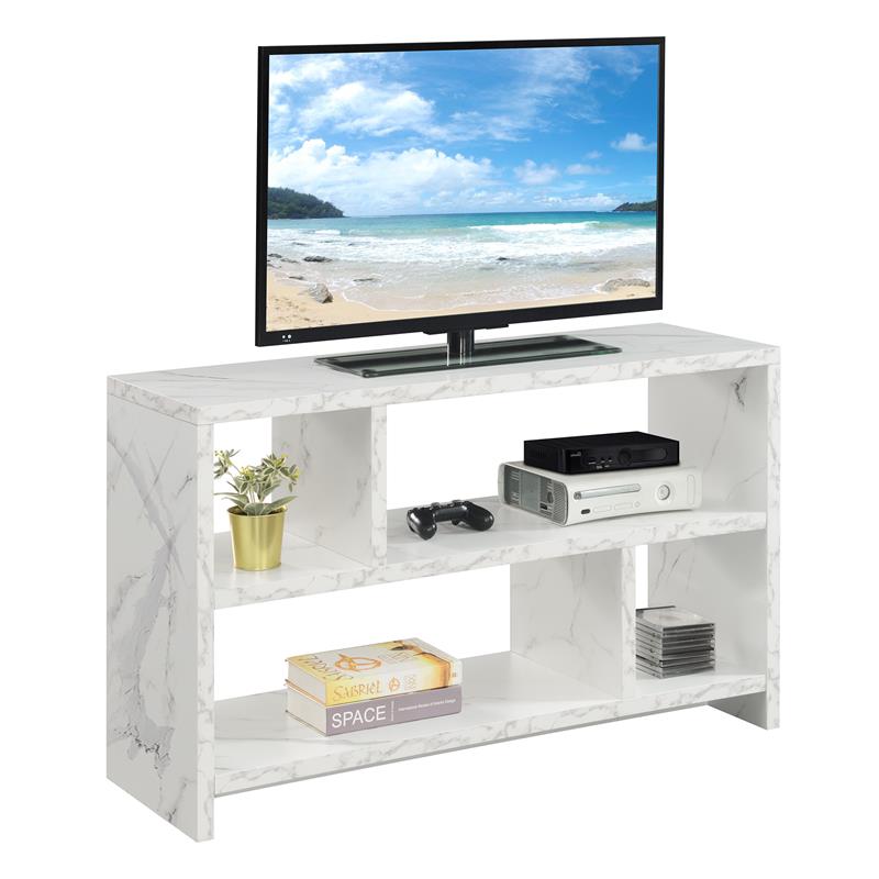 Pemberly Row TV Stand Console with Shelves in White Faux Marble Wood Finish