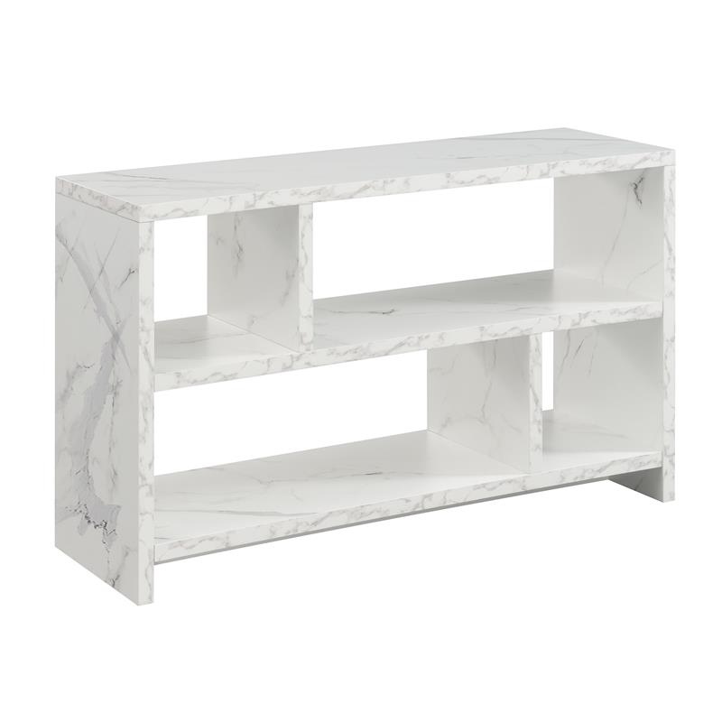 Pemberly Row TV Stand Console with Shelves in White Faux Marble Wood Finish