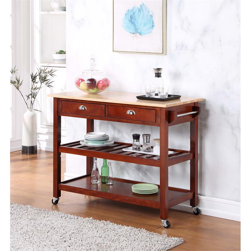 Pemberly Row Three-Tier Butcher Block Kitchen Cart w/Drawers- Mahogany Wood