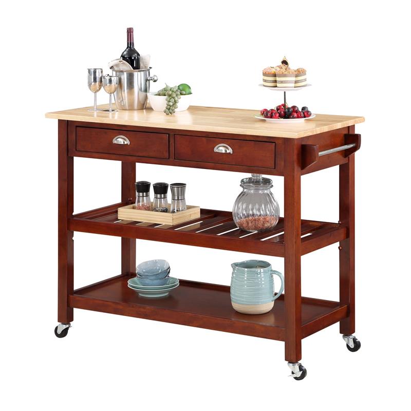 Pemberly Row Three-Tier Butcher Block Kitchen Cart w/Drawers- Mahogany Wood