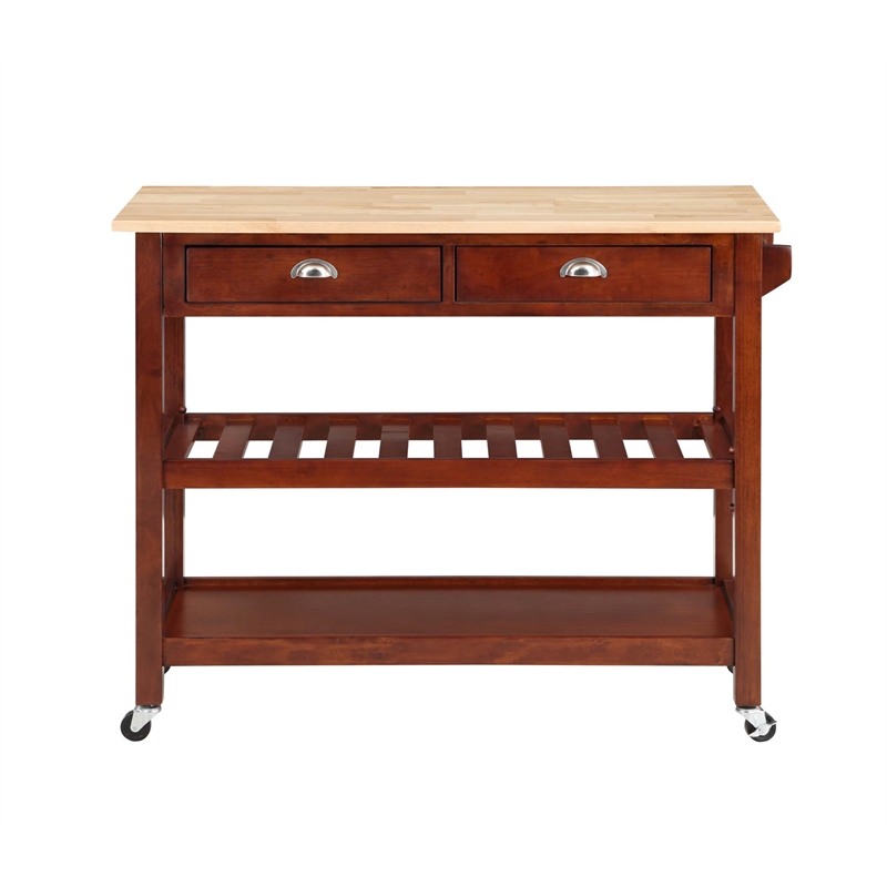 Pemberly Row Three-Tier Butcher Block Kitchen Cart w/Drawers- Mahogany Wood