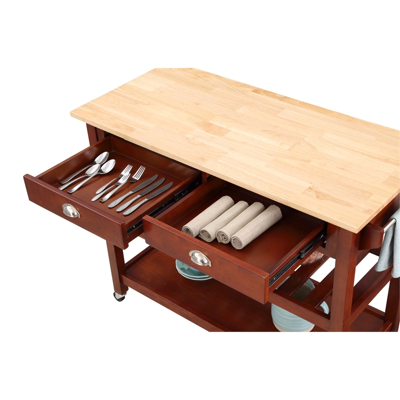 Pemberly Row Three-Tier Butcher Block Kitchen Cart w/Drawers- Mahogany Wood