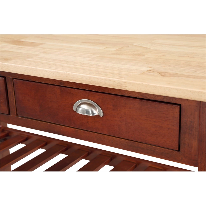 Pemberly Row Three-Tier Butcher Block Kitchen Cart w/Drawers- Mahogany Wood