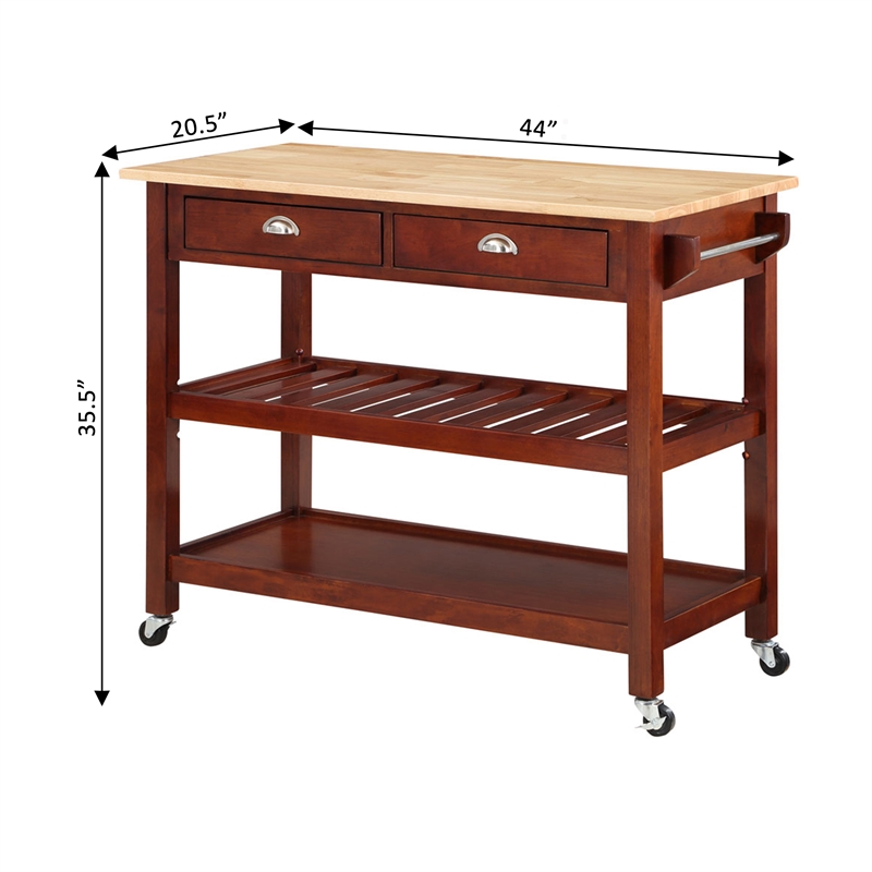 Pemberly Row Three-Tier Butcher Block Kitchen Cart w/Drawers- Mahogany Wood