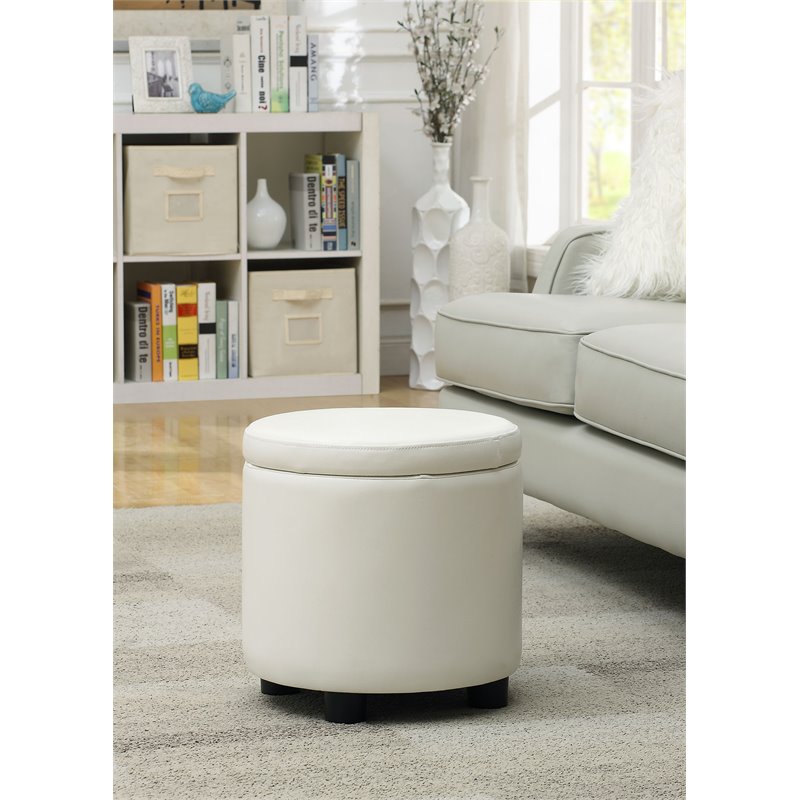 Pemberly Row Round Accent Storage Ottoman in Ivory White Faux Leather Fabric