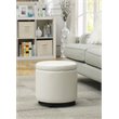 Pemberly Row Round Accent Storage Ottoman in Ivory White Faux Leather Fabric