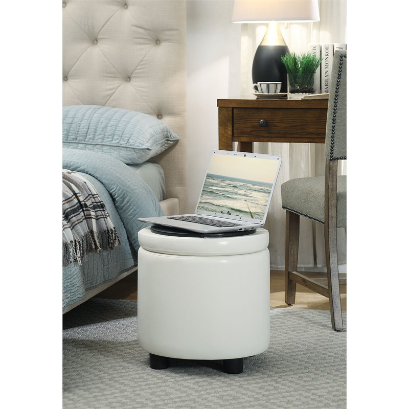 Pemberly Row Round Accent Storage Ottoman in Ivory White Faux Leather Fabric