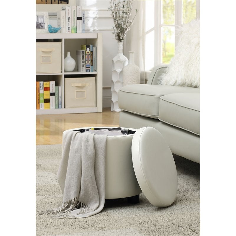 Pemberly Row Round Accent Storage Ottoman in Ivory White Faux Leather Fabric