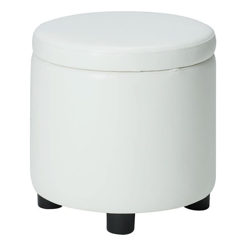 Pemberly Row Round Accent Storage Ottoman in Ivory White Faux Leather Fabric