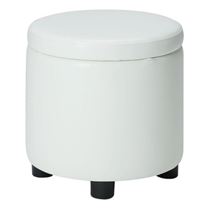 Pemberly Row Round Accent Storage Ottoman in Ivory White Faux Leather Fabric