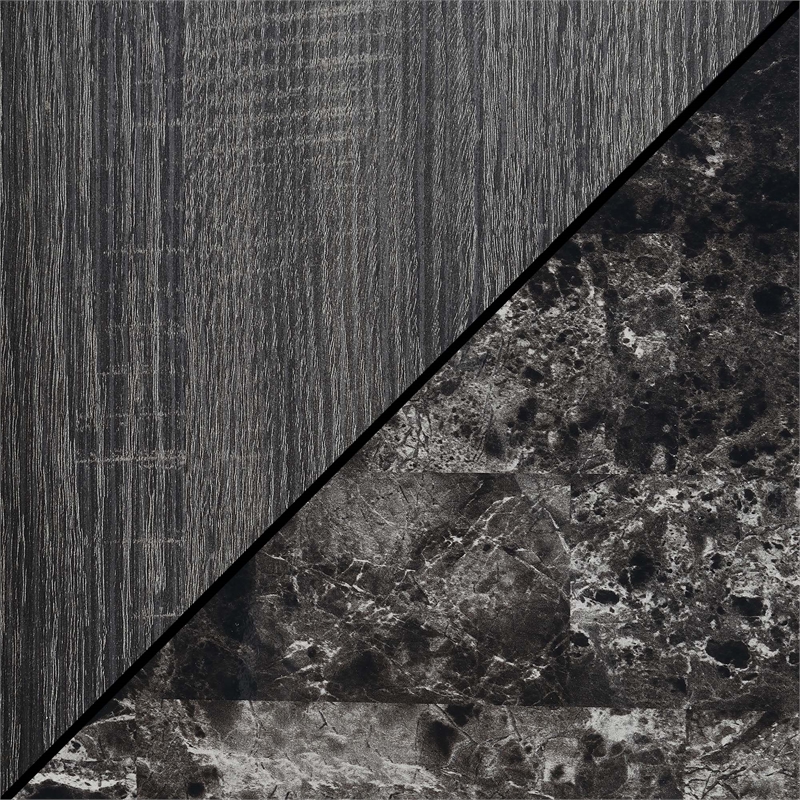 Pemberly Row Serving Bar in Faux Black Marble and Weathered Gray Wood Finish