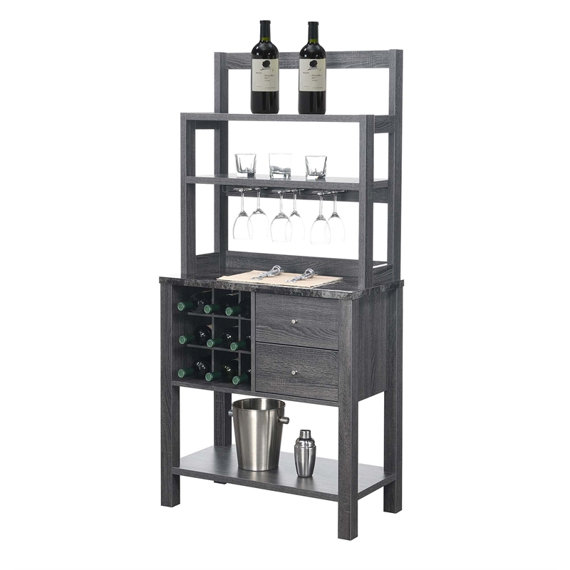 Pemberly Row Serving Bar in Faux Black Marble and Weathered Gray Wood Finish