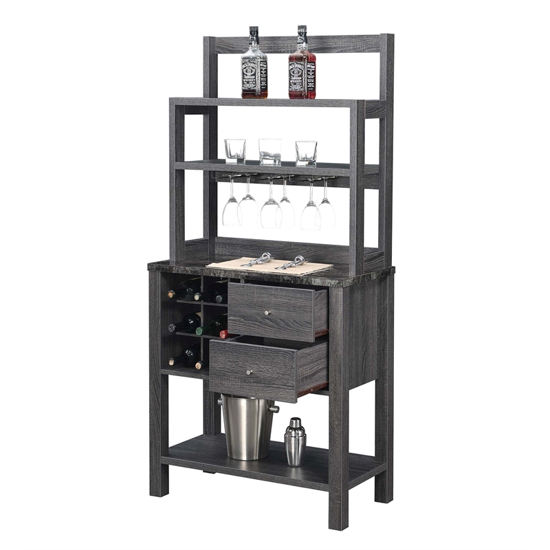 Pemberly Row Serving Bar in Faux Black Marble and Weathered Gray Wood Finish